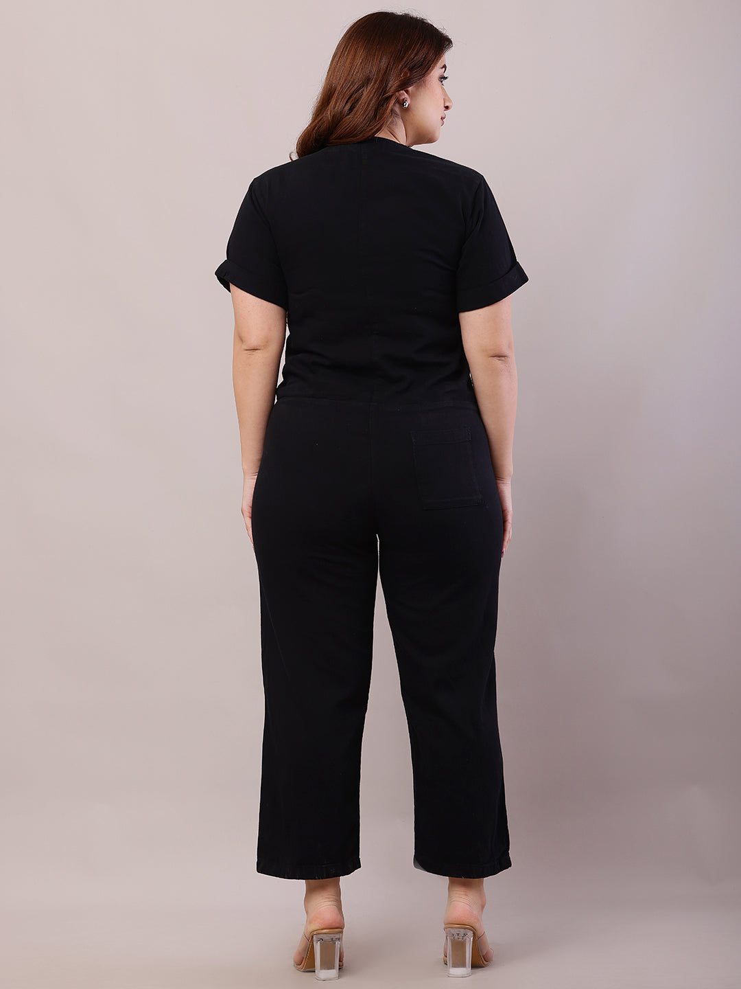 Cotton Short Sleeve with V-Neck Black Jumpsuit