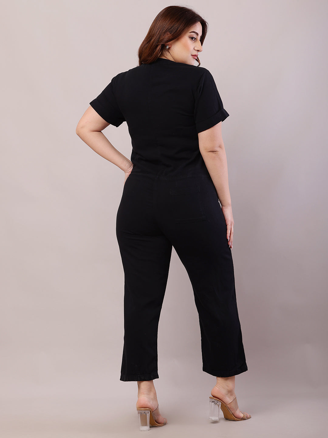 Cotton Short Sleeve with V-Neck Black Jumpsuit