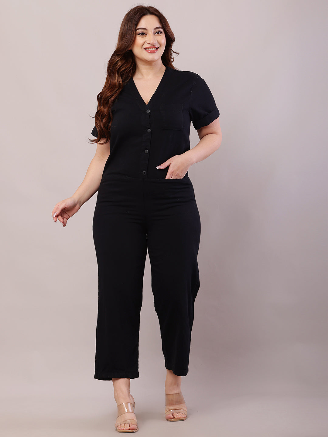 Cotton Short Sleeve with V-Neck Black Jumpsuit