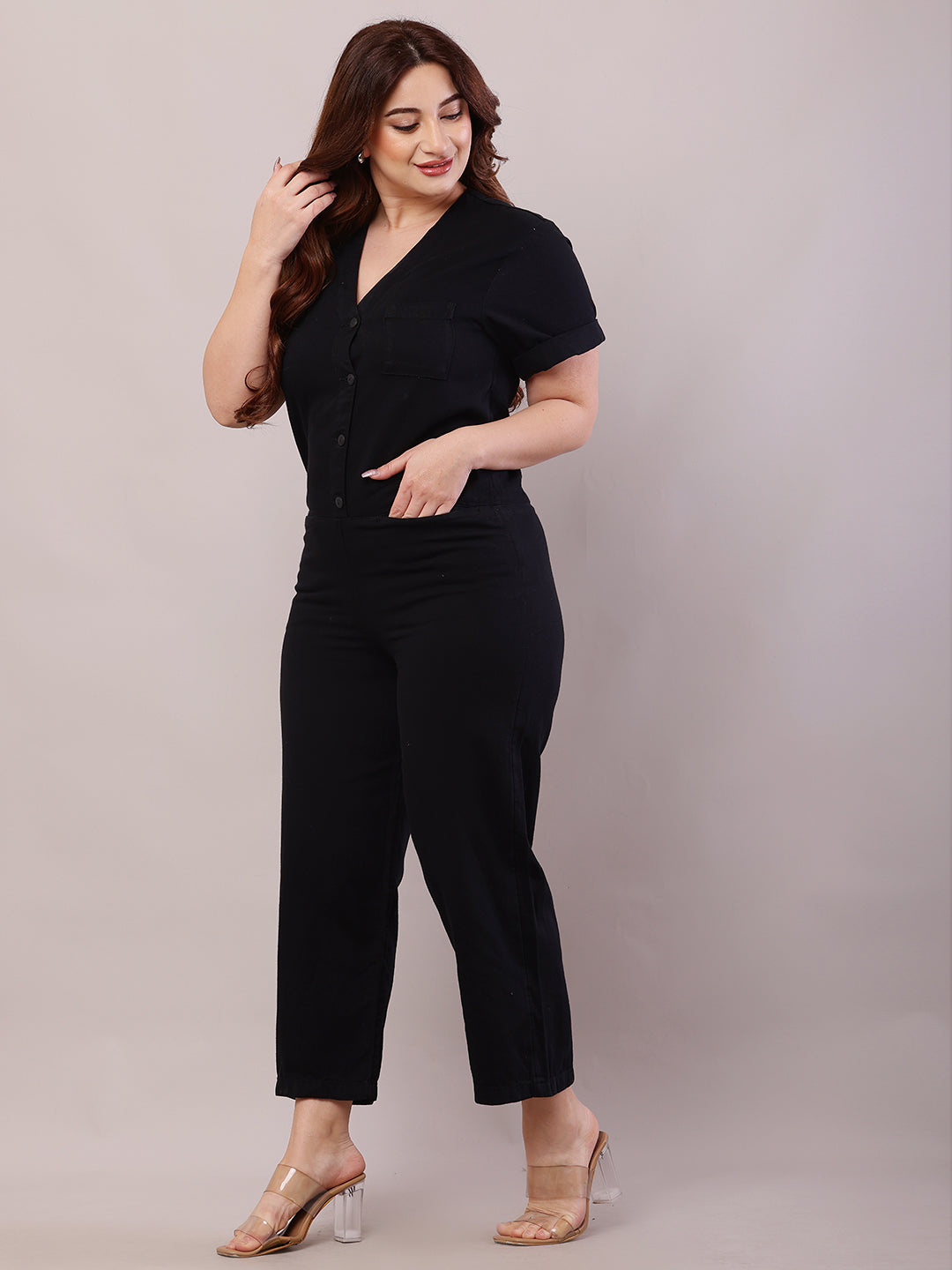 Cotton Short Sleeve with V-Neck Black Jumpsuit