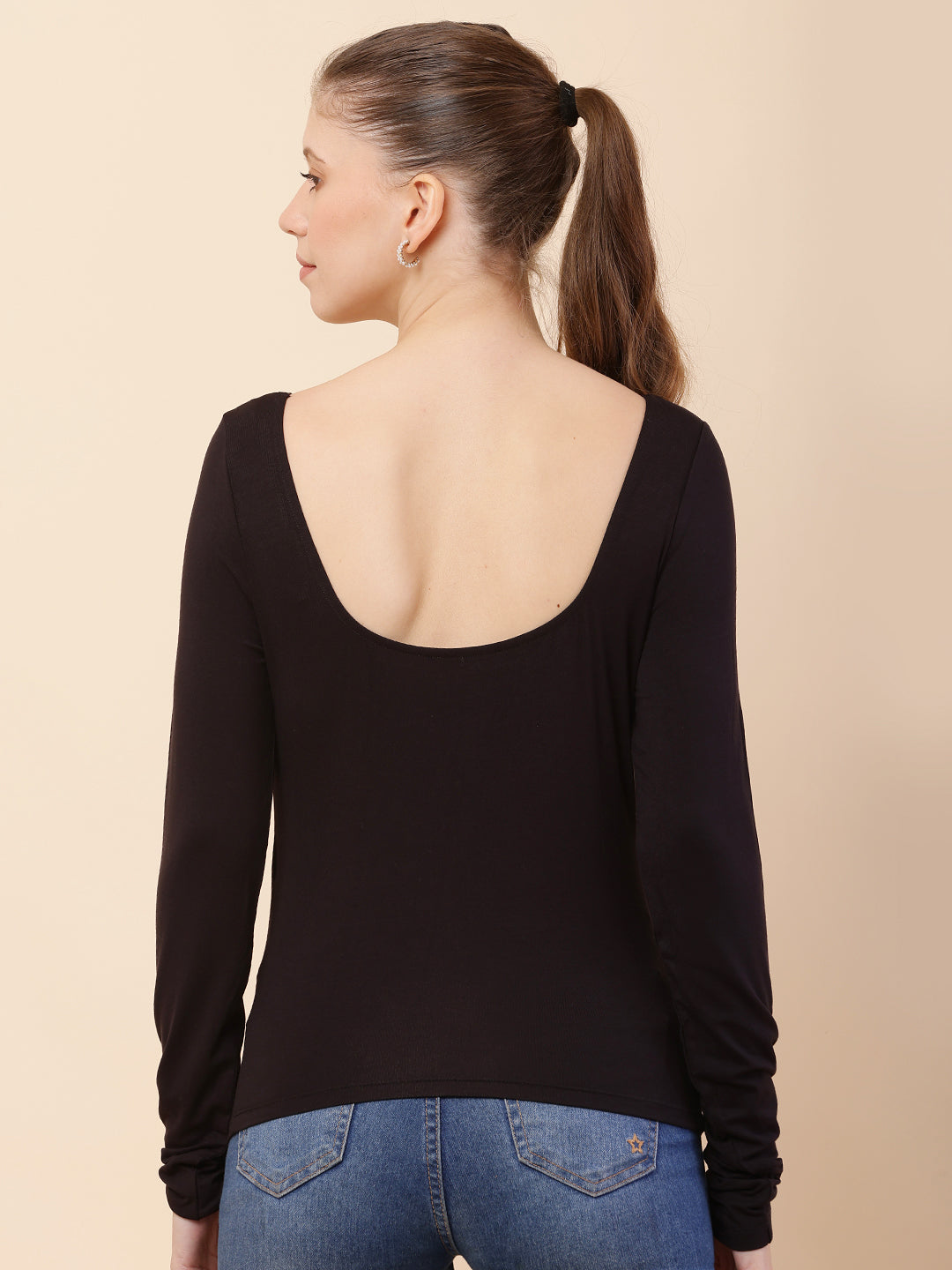 Polyester Full Sleeve with Square Neck Black Regular Fit Top