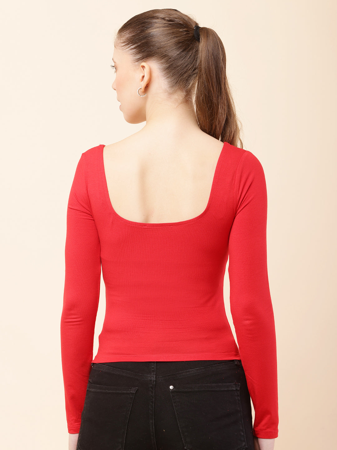 Polyester Full Sleeve with Square Neck Red Regular Fit Top