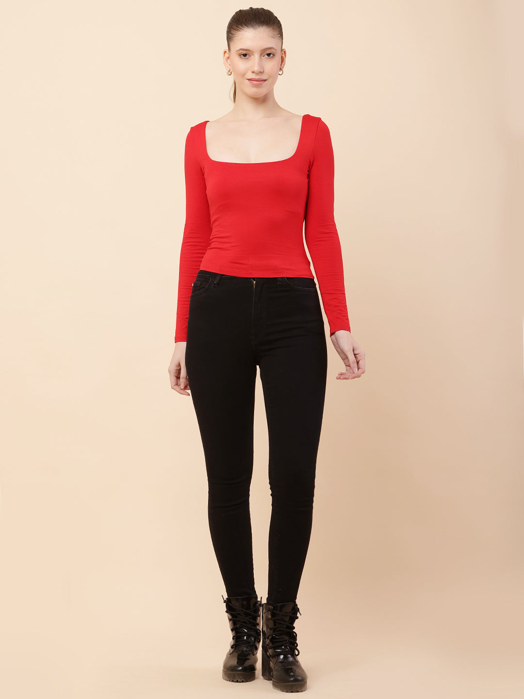 Polyester Full Sleeve with Square Neck Red Regular Fit Top