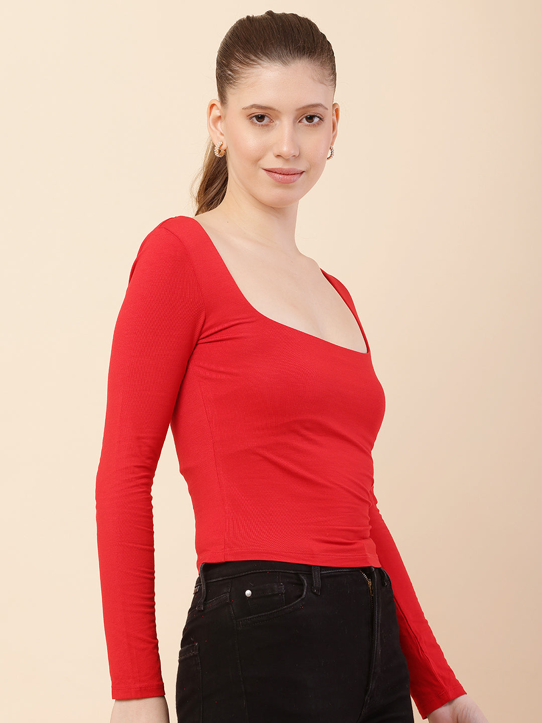 Polyester Full Sleeve with Square Neck Red Regular Fit Top