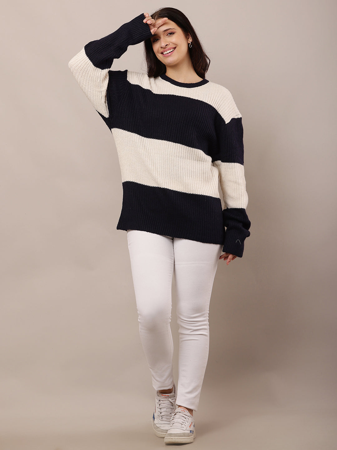 Acrylic Full Sleeve with Round Neck Dark Blue and Beige sweater