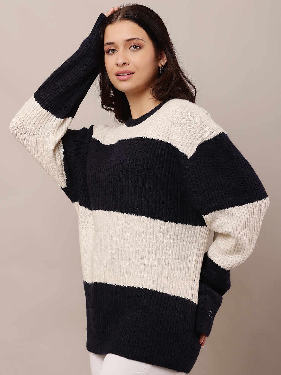 Acrylic Full Sleeve with Round Neck Dark Blue and Beige sweater