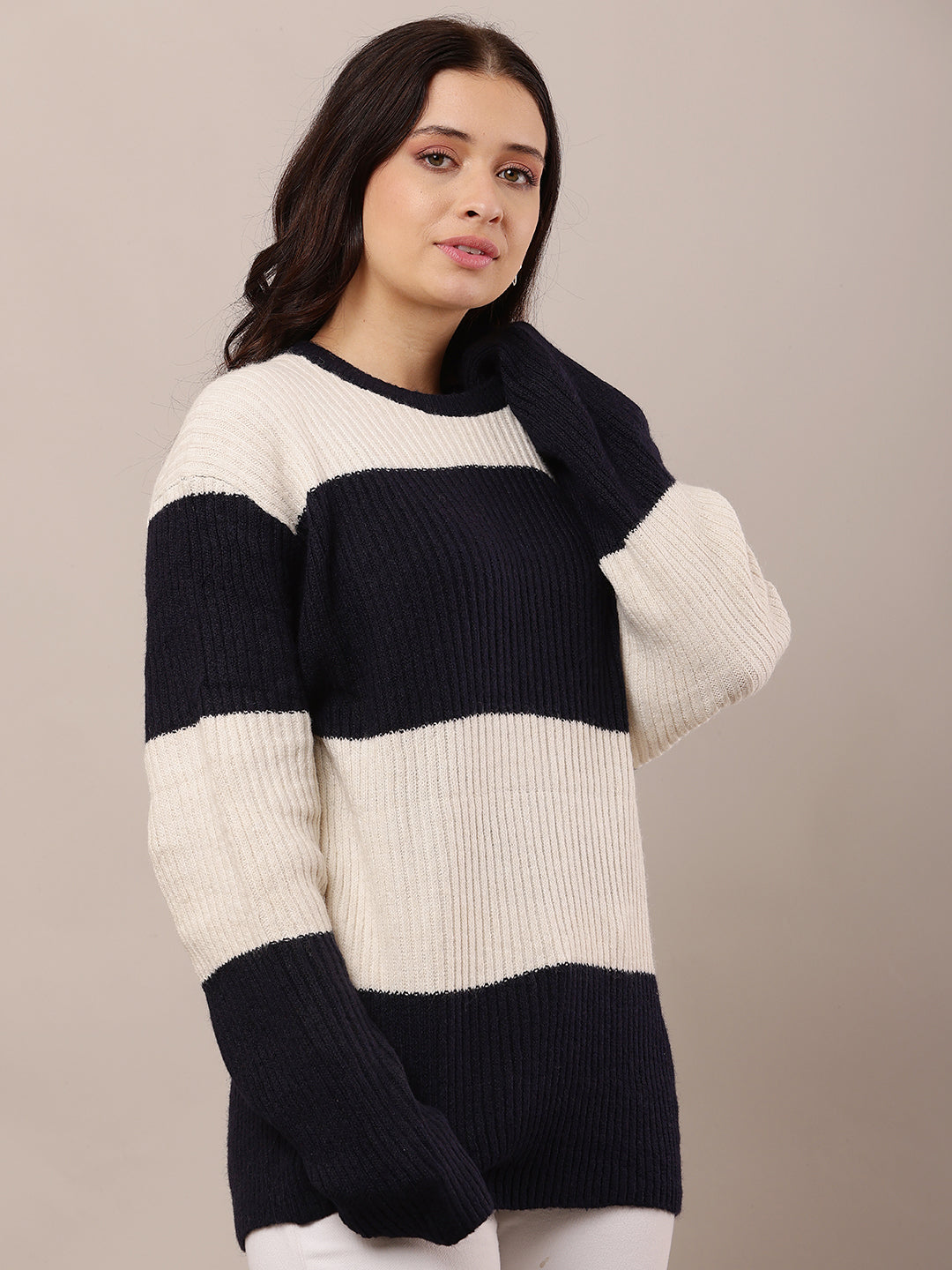 Acrylic Full Sleeve with Round Neck Dark Blue and Beige sweater