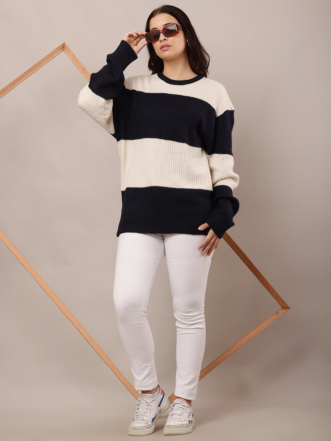 Acrylic Full Sleeve with Round Neck Dark Blue and Beige sweater