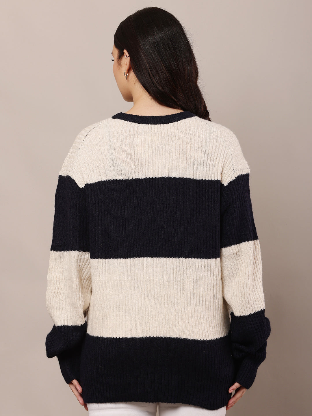 Acrylic Full Sleeve with Round Neck Dark Blue and Beige sweater