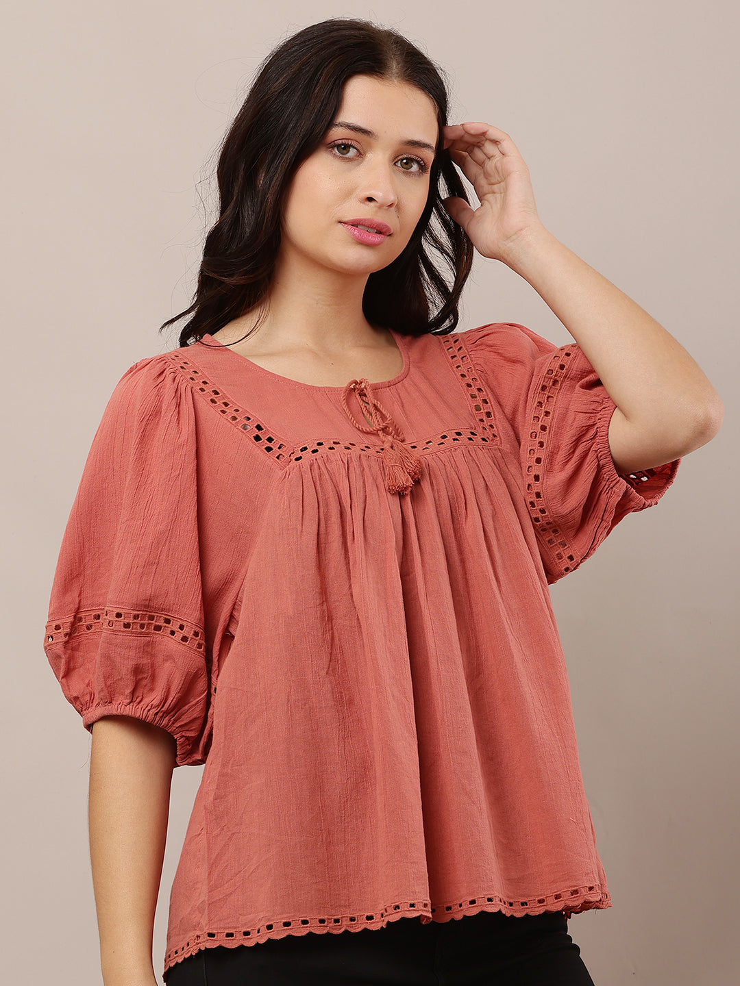 Cotton Round Neck with Short puff Sleeve Peach loose style Top