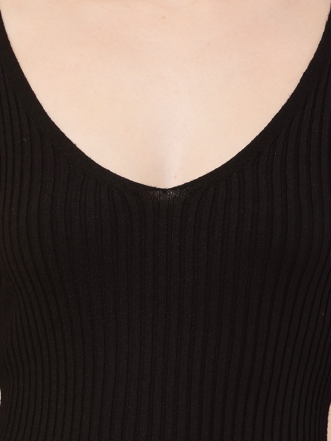 Viscose Full Sleeve with V-Neck Rib-Knit Black Bodycon Dress