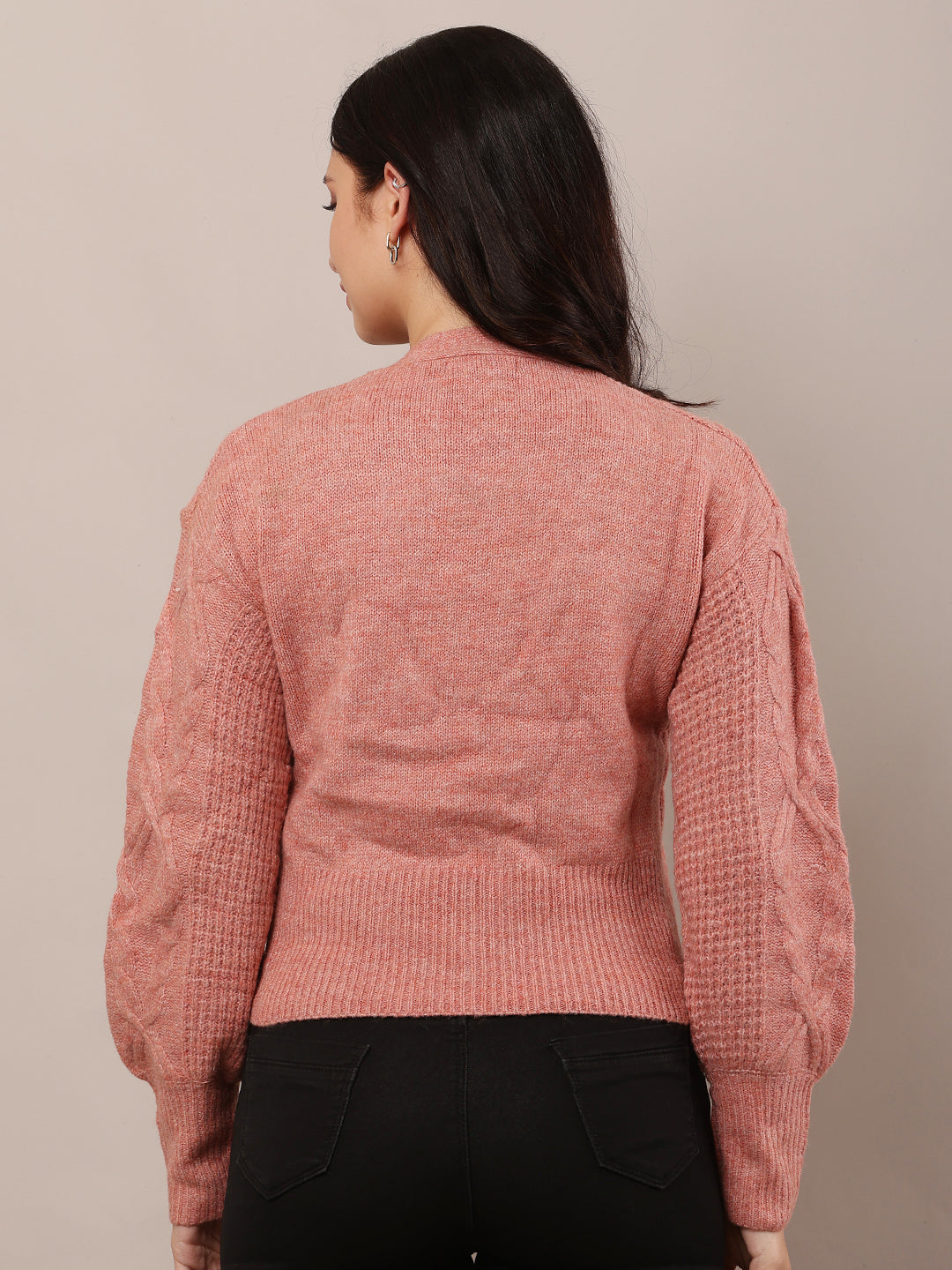 Acrylic Full Sleeve with V-neck Light Red Cardigan