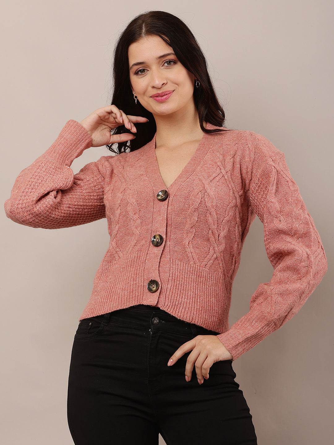 Acrylic Full Sleeve with V-neck Light Red Cardigan