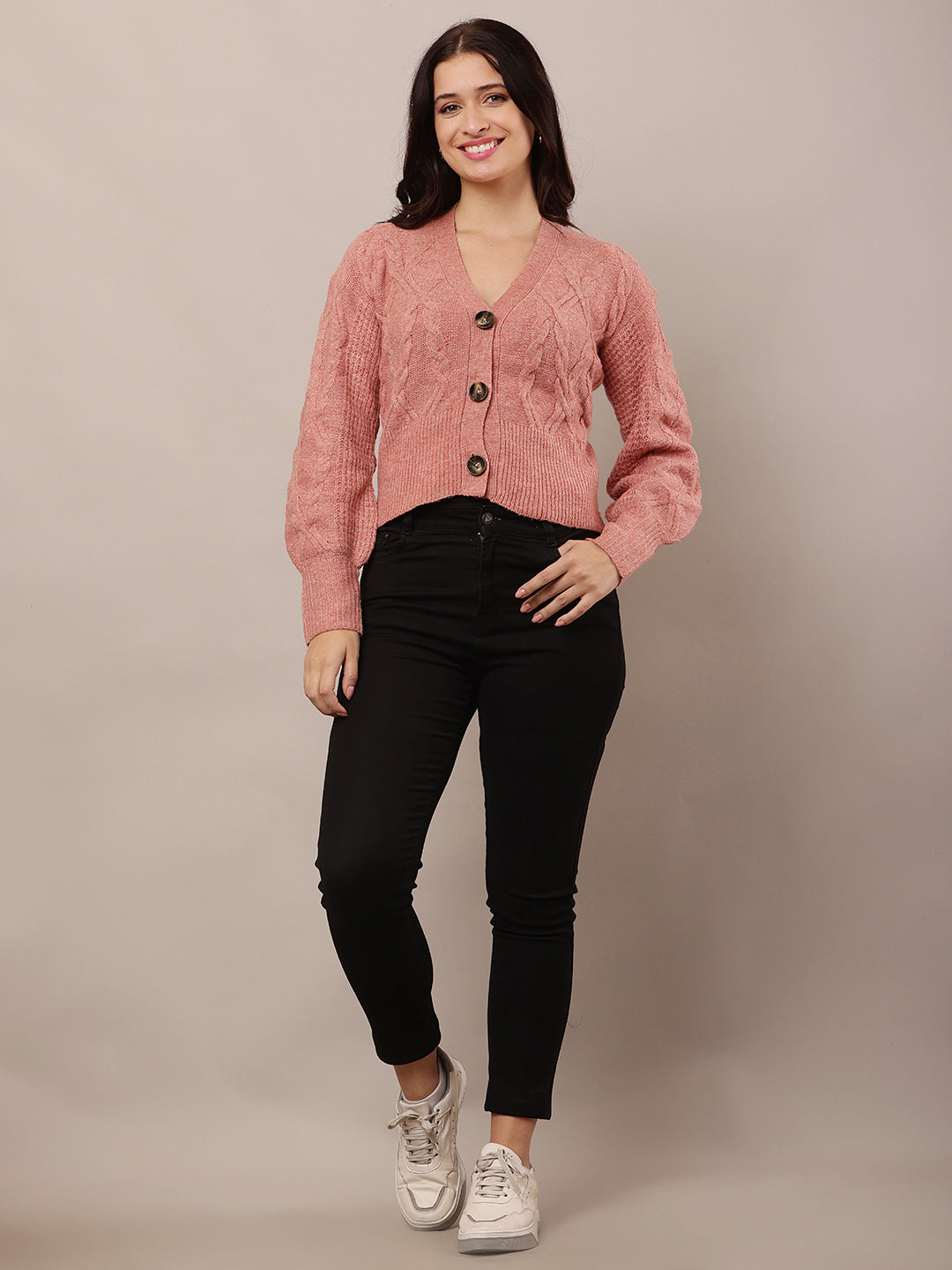 Acrylic Full Sleeve with V-neck Light Red Cardigan