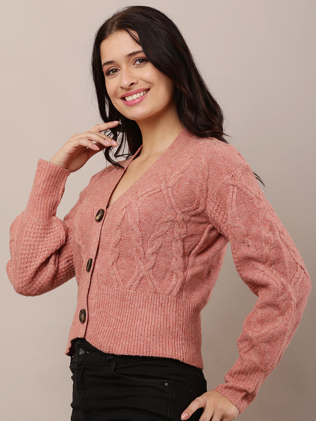Acrylic Full Sleeve with V-neck Light Red Cardigan