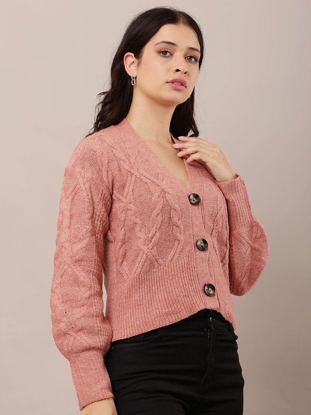 Acrylic Full Sleeve with V-neck Light Red Cardigan