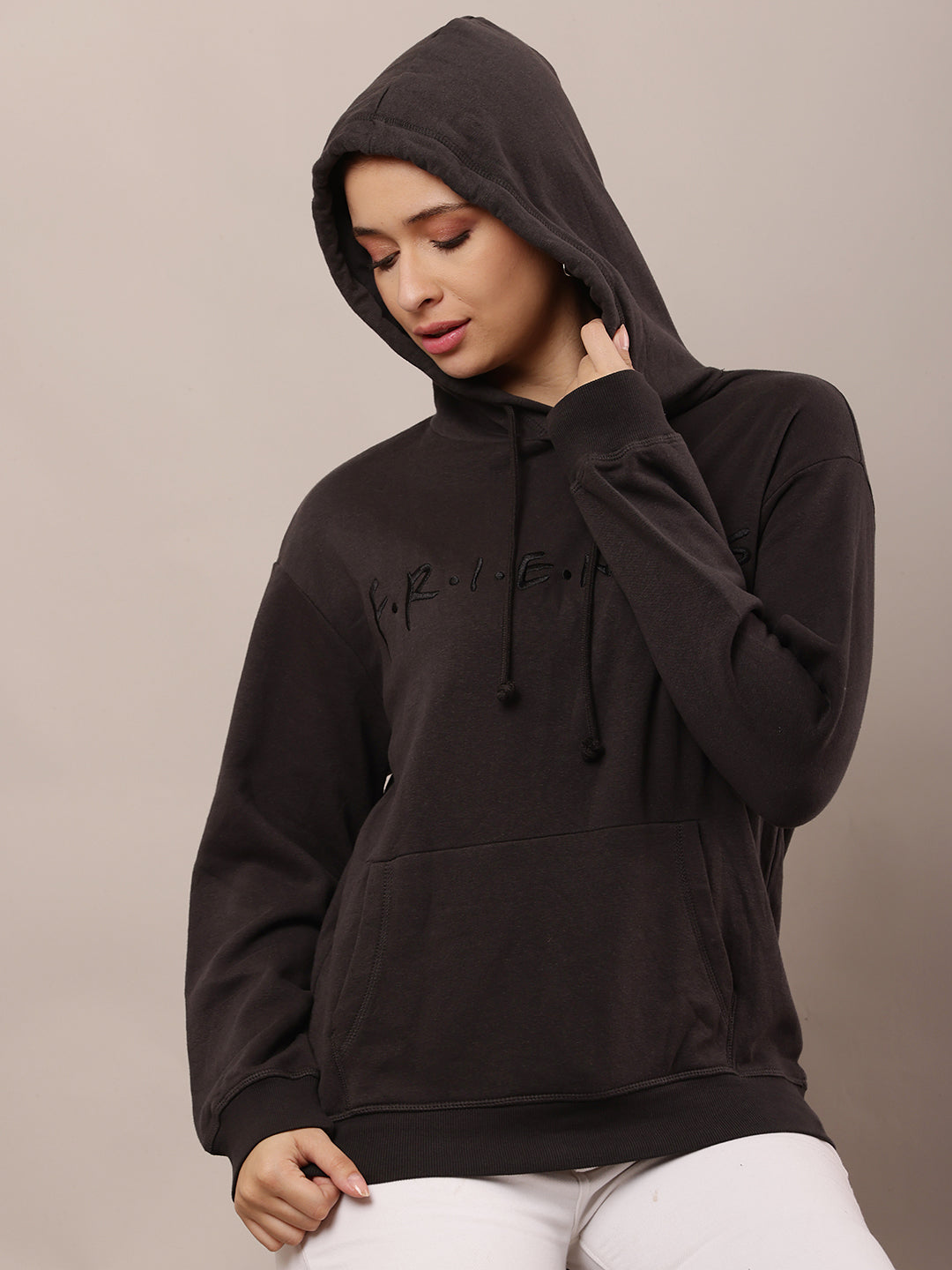 Cotton Full Sleeve Hooded Solid Dark Grey Sweatshirt