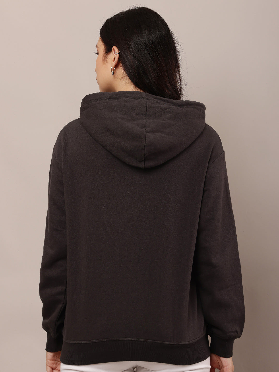 Cotton Full Sleeve Hooded Solid Dark Grey Sweatshirt