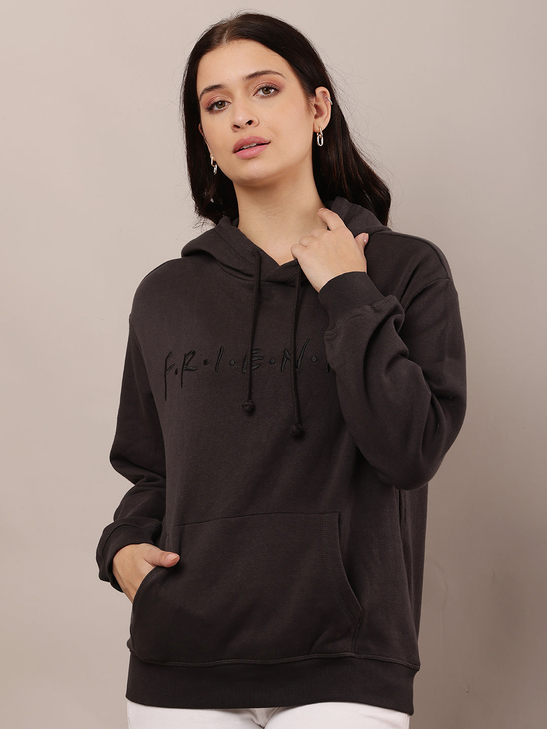 Cotton Full Sleeve Hooded Solid Dark Grey Sweatshirt