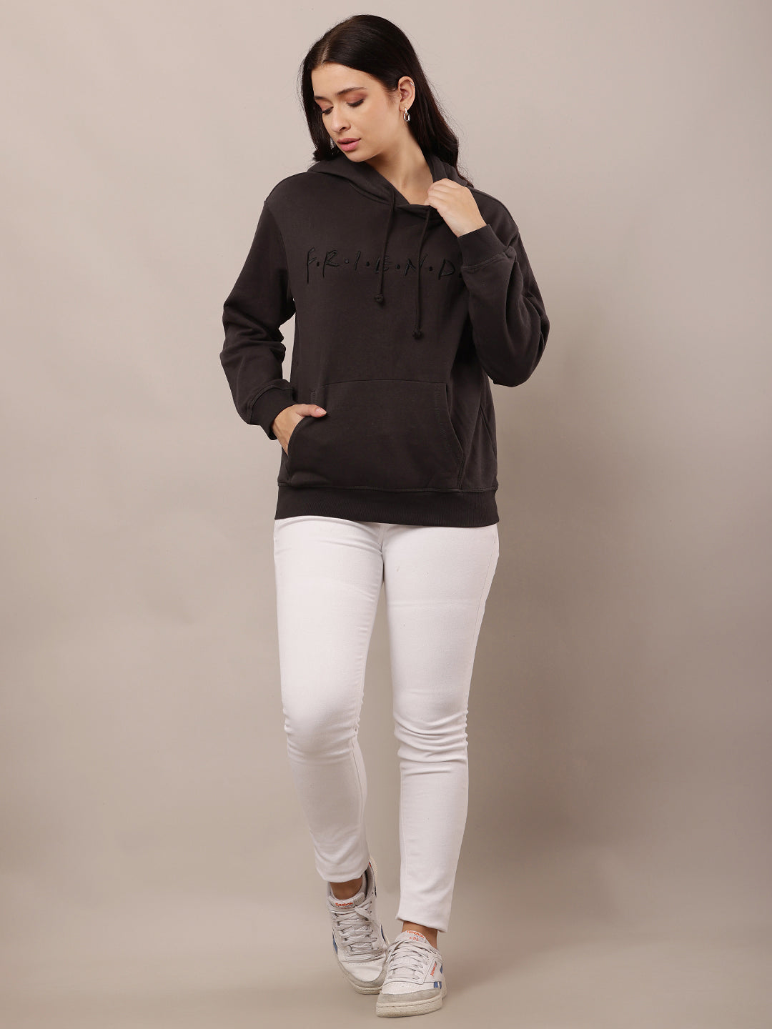 Cotton Full Sleeve Hooded Solid Dark Grey Sweatshirt