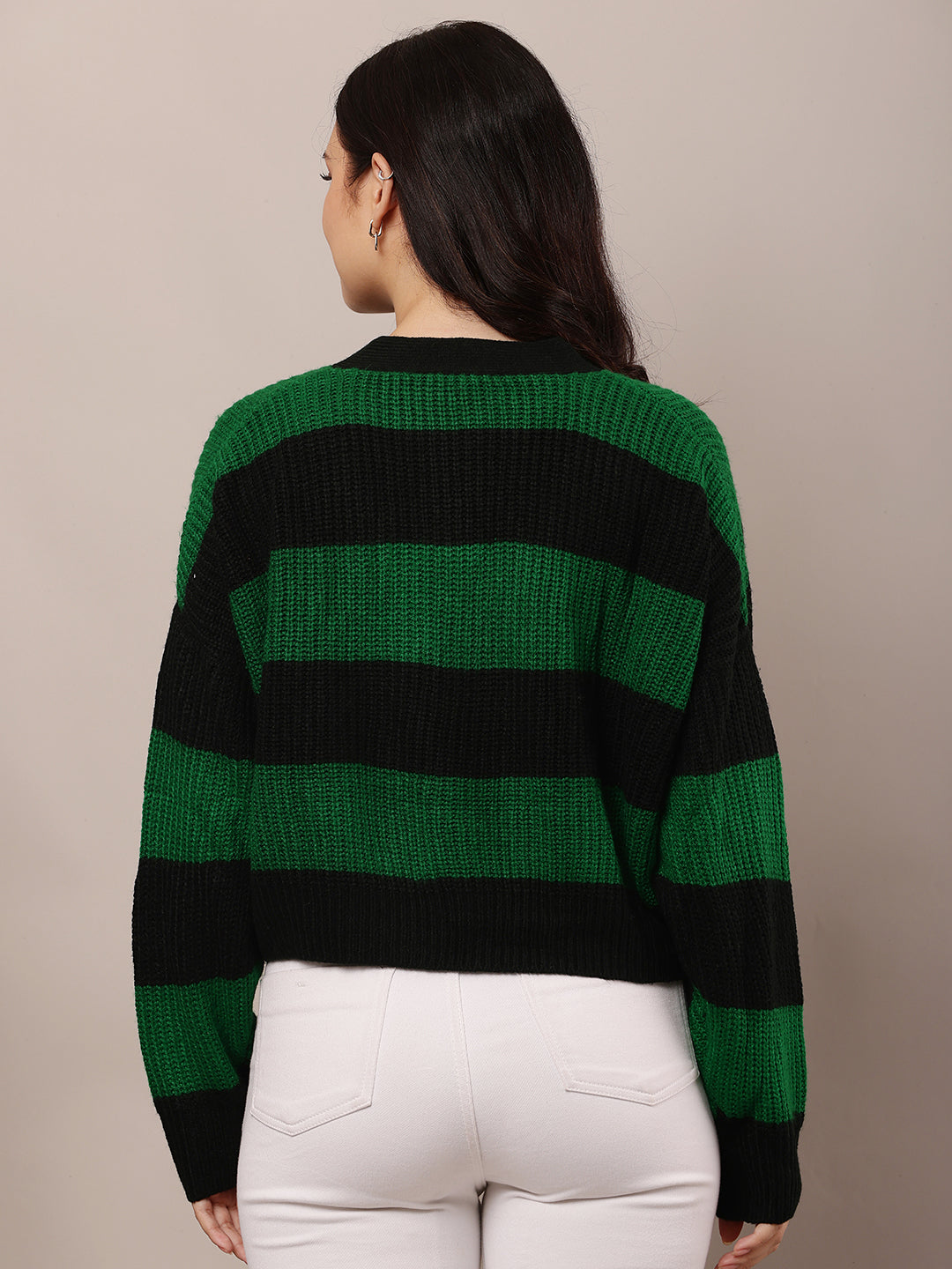 Green and black Striped Cardigan with Acrylic Full Sleeves and V-Neck
