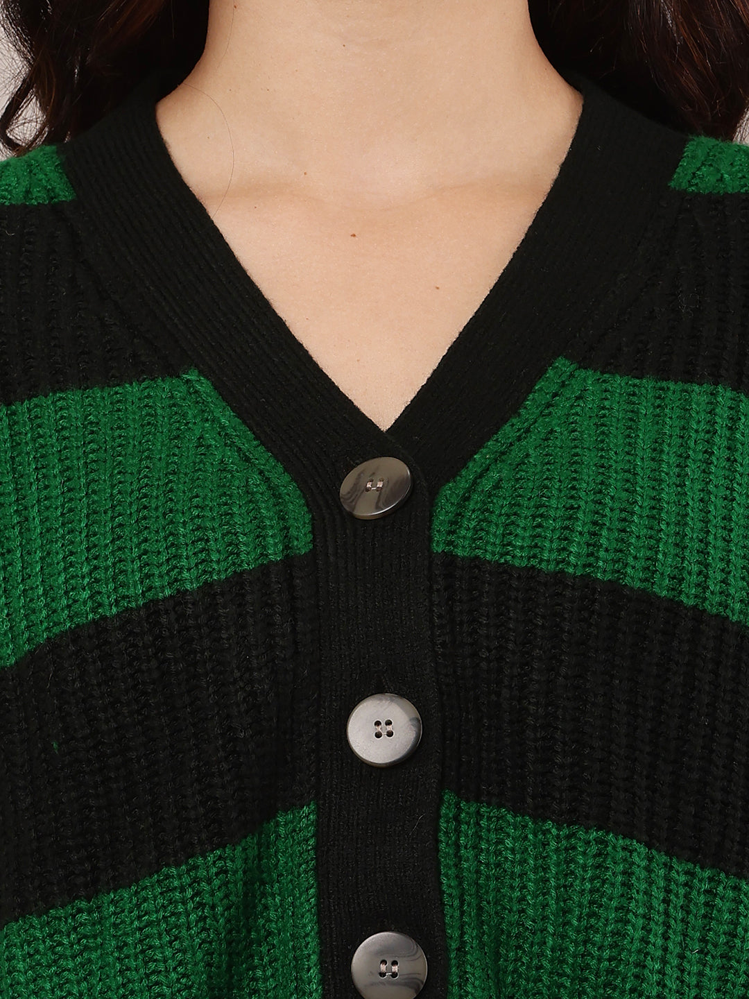 Green and black Striped Cardigan with Acrylic Full Sleeves and V-Neck