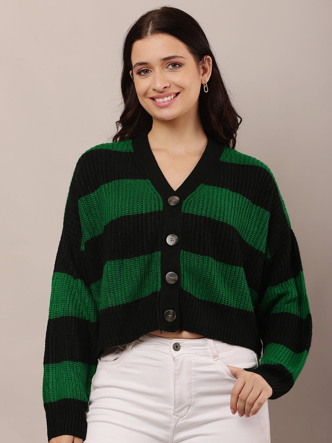 Green and black Striped Cardigan with Acrylic Full Sleeves and V-Neck