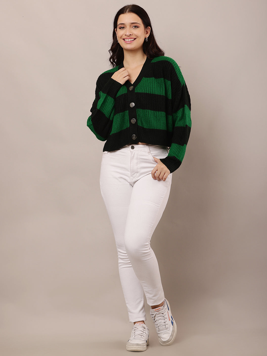 Green and black Striped Cardigan with Acrylic Full Sleeves and V-Neck