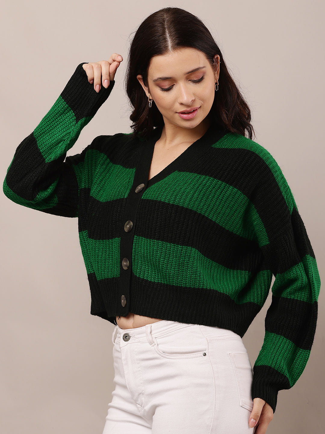 Green and black Striped Cardigan with Acrylic Full Sleeves and V-Neck