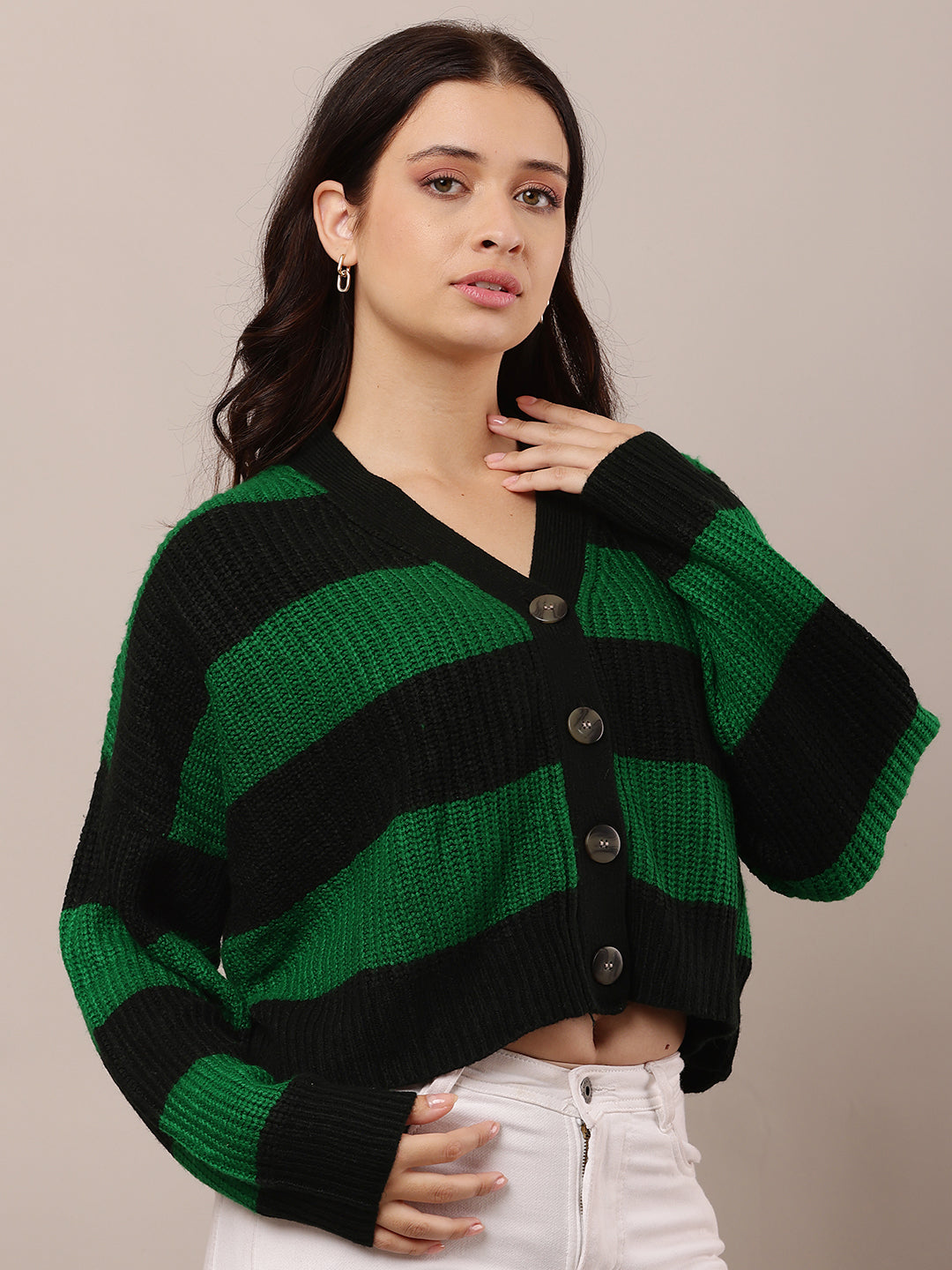 Green and black Striped Cardigan with Acrylic Full Sleeves and V-Neck