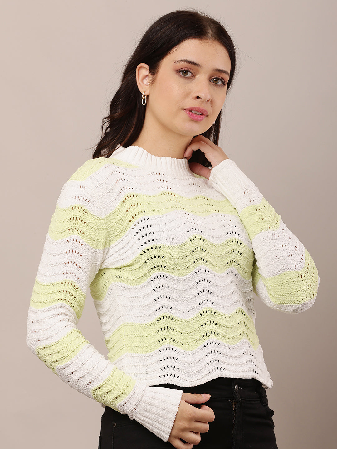Polyester Full Sleeve with Crew Neck Green and white Sweater