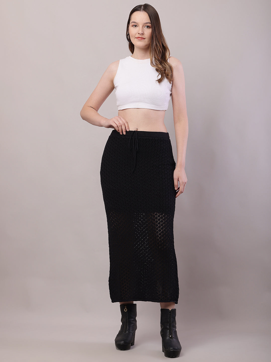 Cotton Mesh Crochet Black Sexy Sheer Maxi Skirt