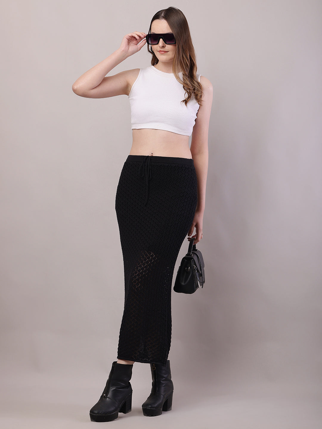 Cotton Mesh Crochet Black Sexy Sheer Maxi Skirt