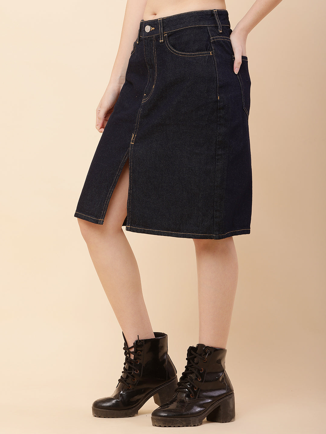 Denim Regular Fit Front Slit Dark Blue Skirt