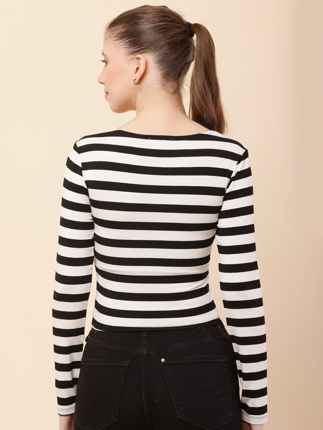 Nylon Square neck with Full Sleeve Black & White Striped Top