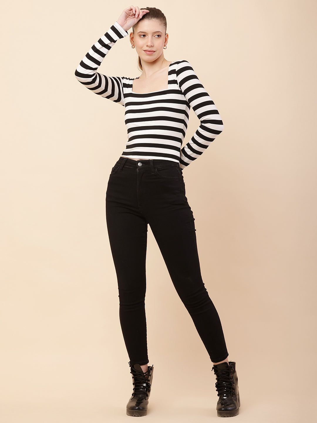 Nylon Square neck with Full Sleeve Black & White Striped Top