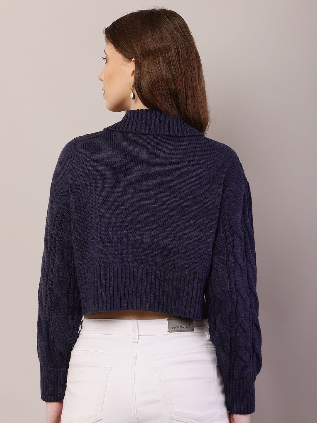 Acrylic Full Sleeve with Shirt Collar Dark Blue Cardigan