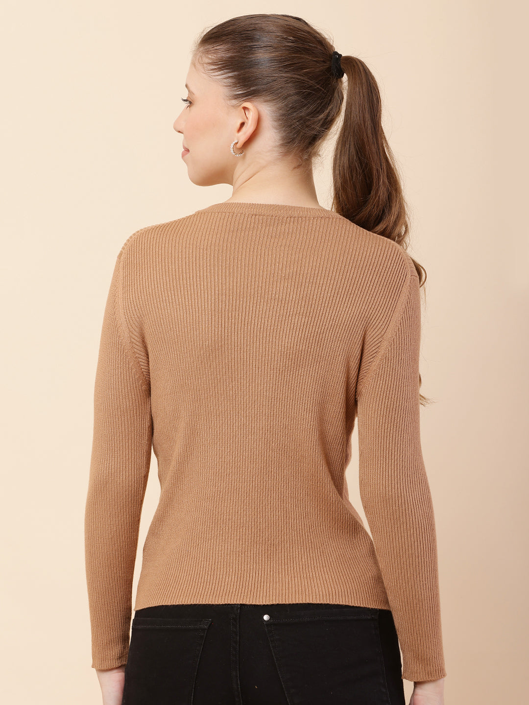 Viscose Full Sleeve with Round Neck Ribbed Brown Sweater