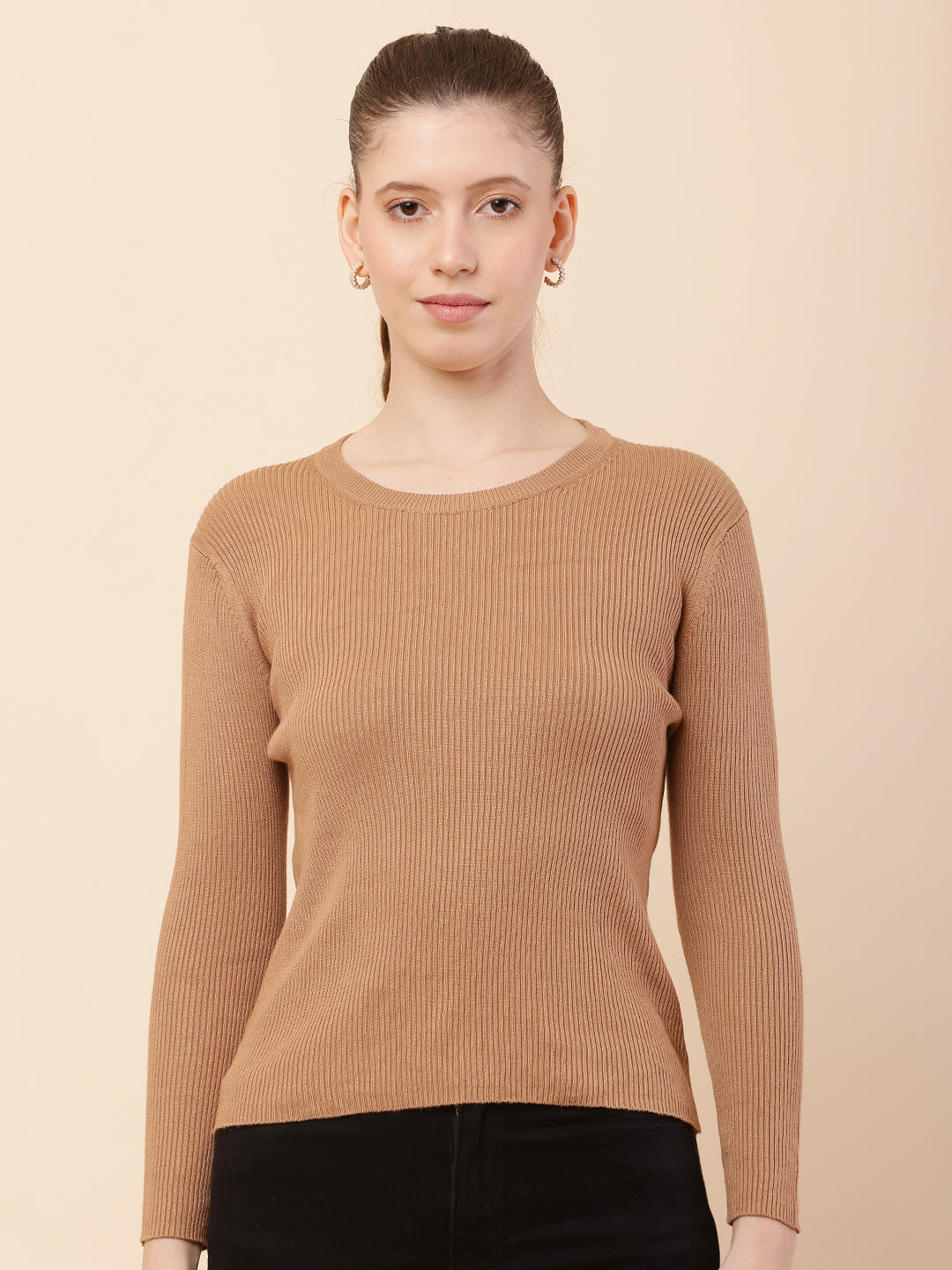 Viscose Full Sleeve with Round Neck Ribbed Brown Sweater