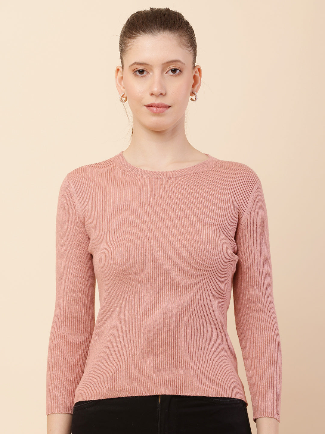 Viscose Full Sleeve with Round Neck Ribbed Peach Sweater