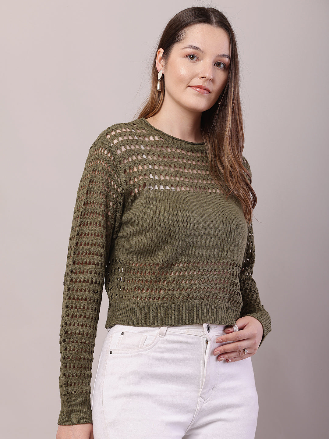 Polyester Full Sleeve with Round Neck Crochet Olive Green Sweater