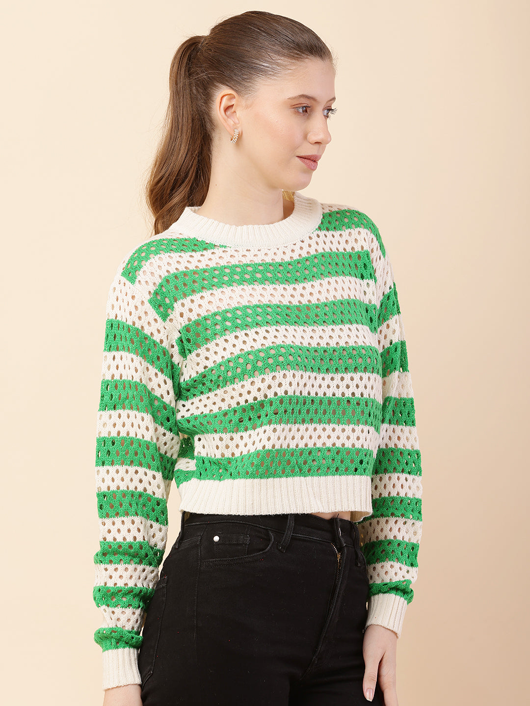 Cotton Full Sleeve with Round Neck Striped Crochets Green Sweater