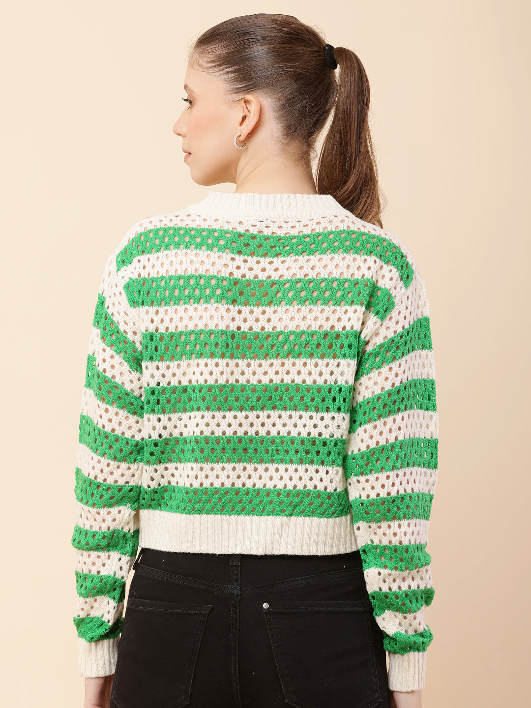 Cotton Full Sleeve with Round Neck Striped Crochets Green Sweater