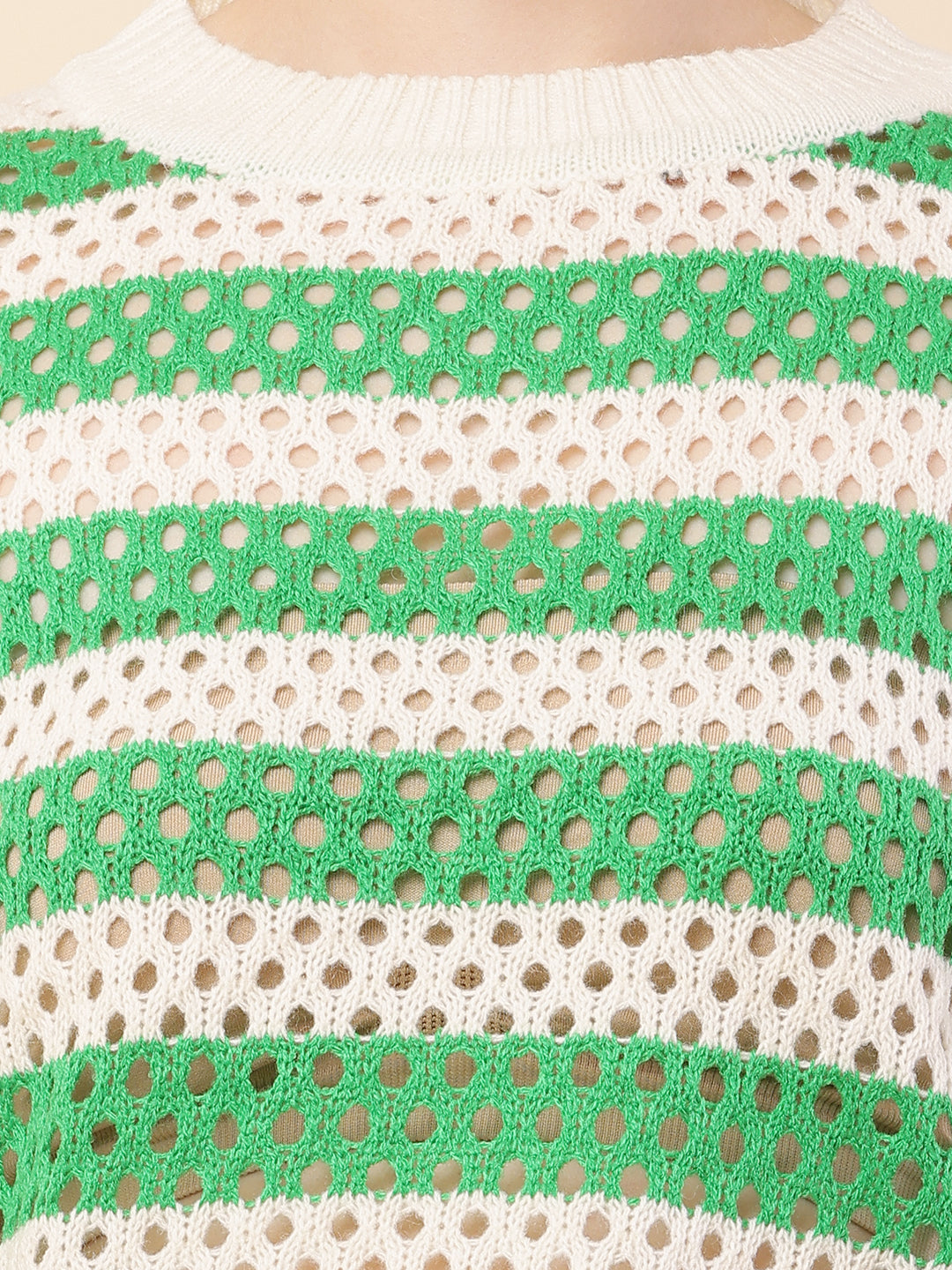 Cotton Full Sleeve with Round Neck Striped Crochets Green Sweater