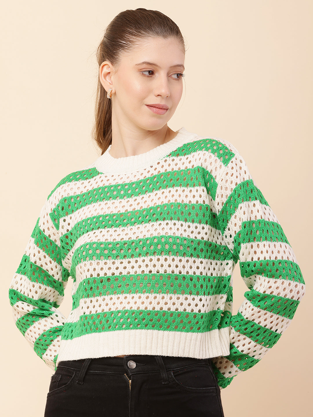 Cotton Full Sleeve with Round Neck Striped Crochets Green Sweater