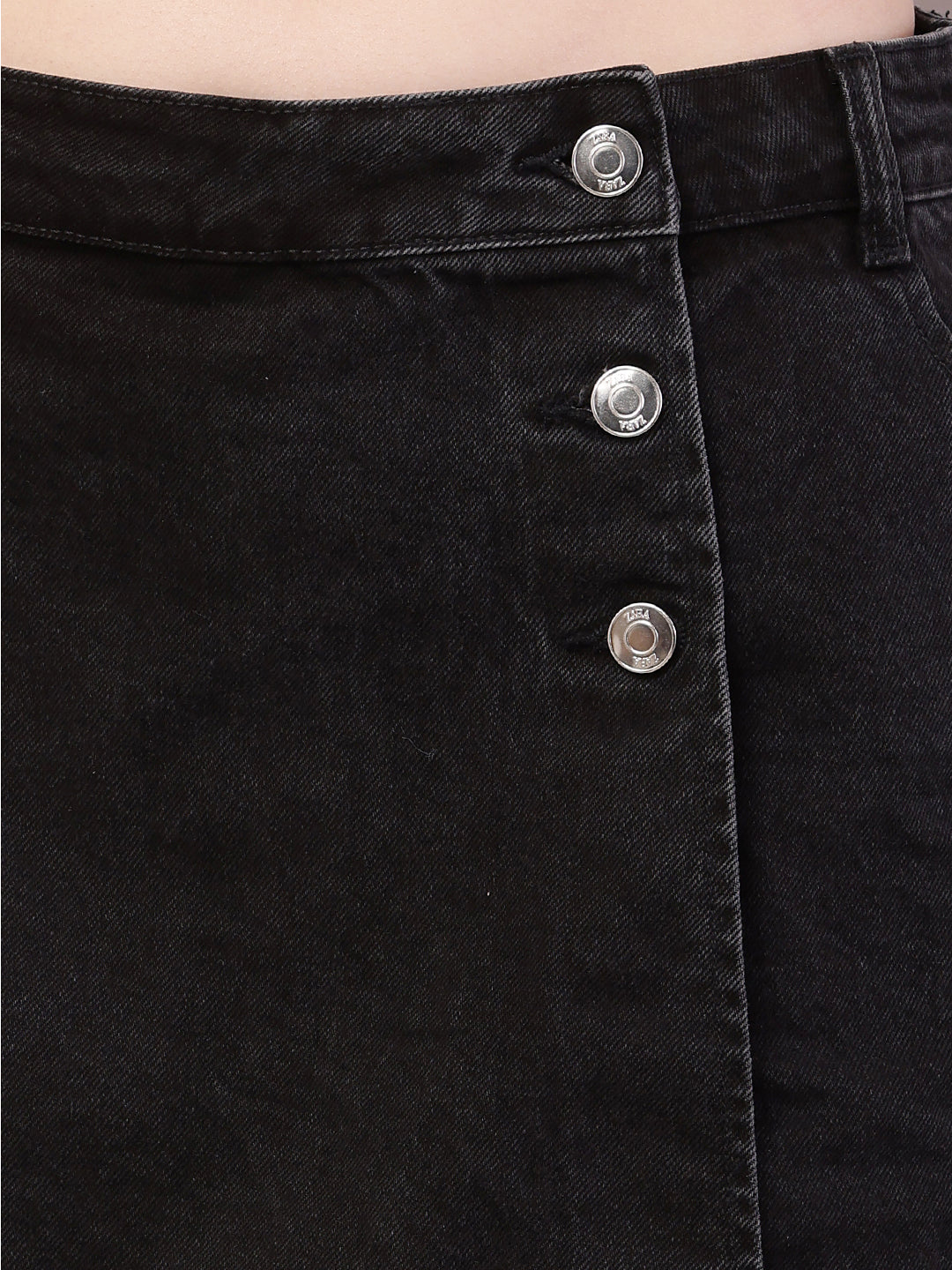 Cotton Button Black Mini Skirt with Attached Inner Short