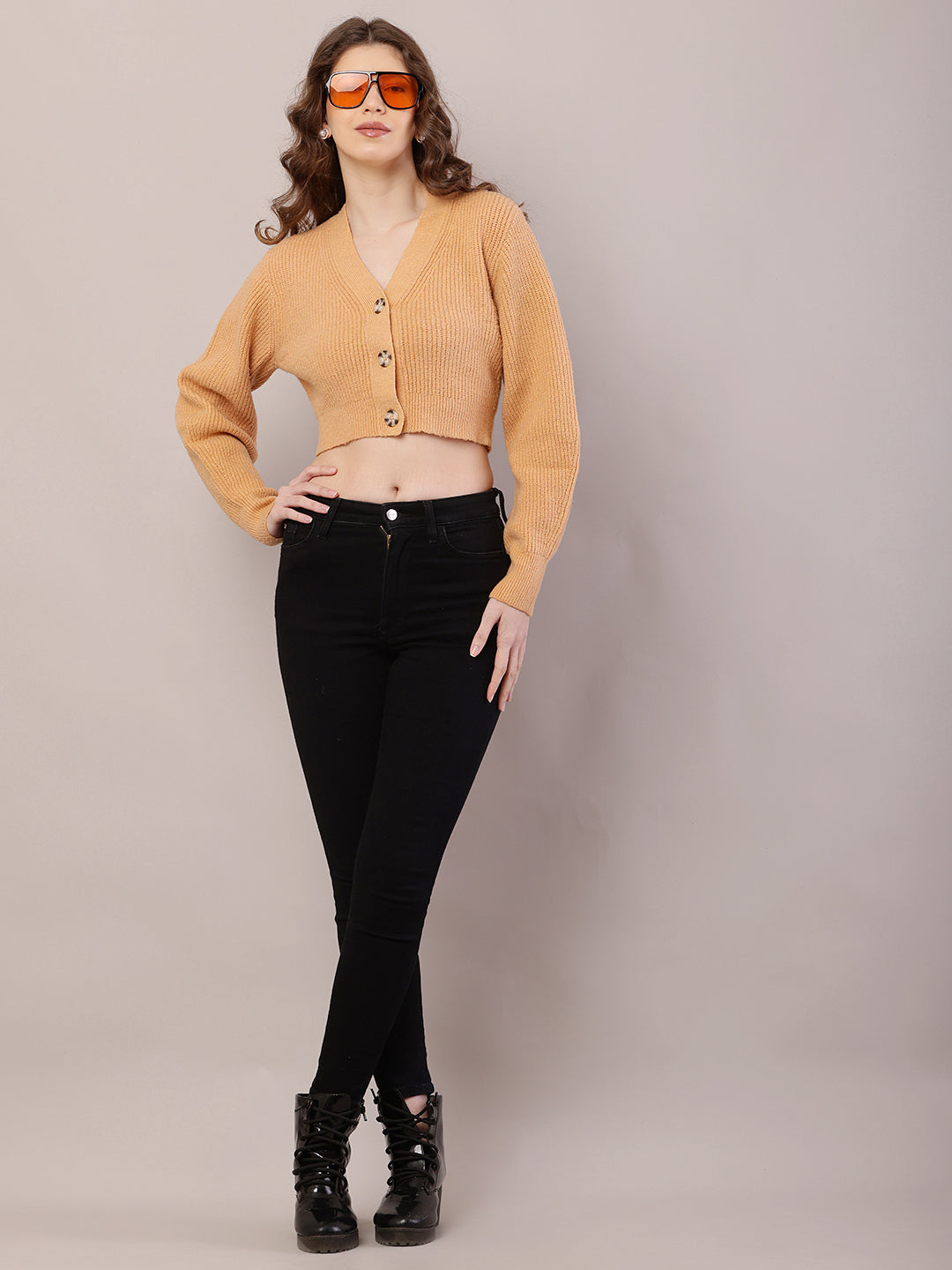 Polyester Full Sleeve with V-Neck Ribbed Crop Mustard Cardigan