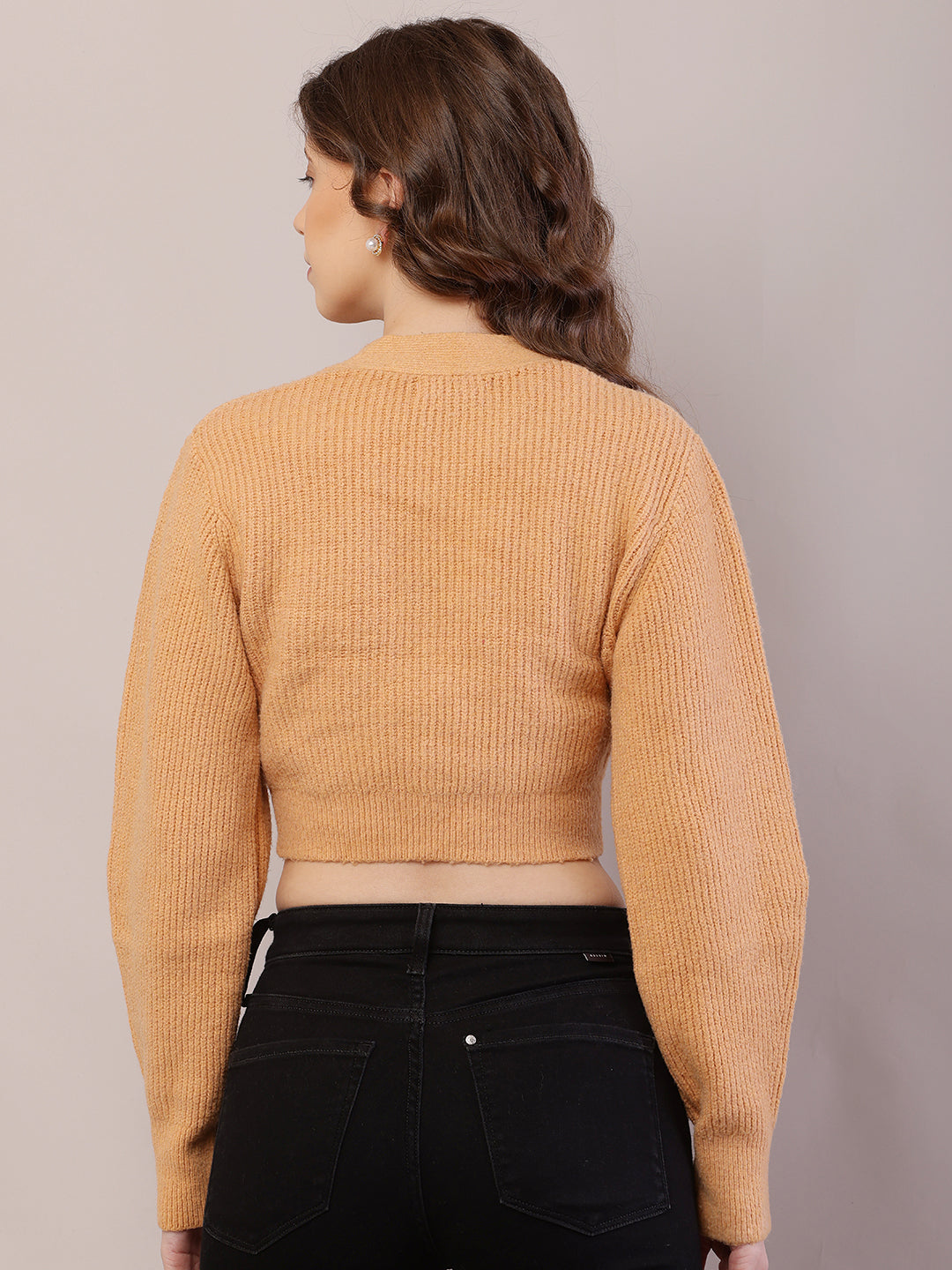 Polyester Full Sleeve with V-Neck Ribbed Crop Mustard Cardigan