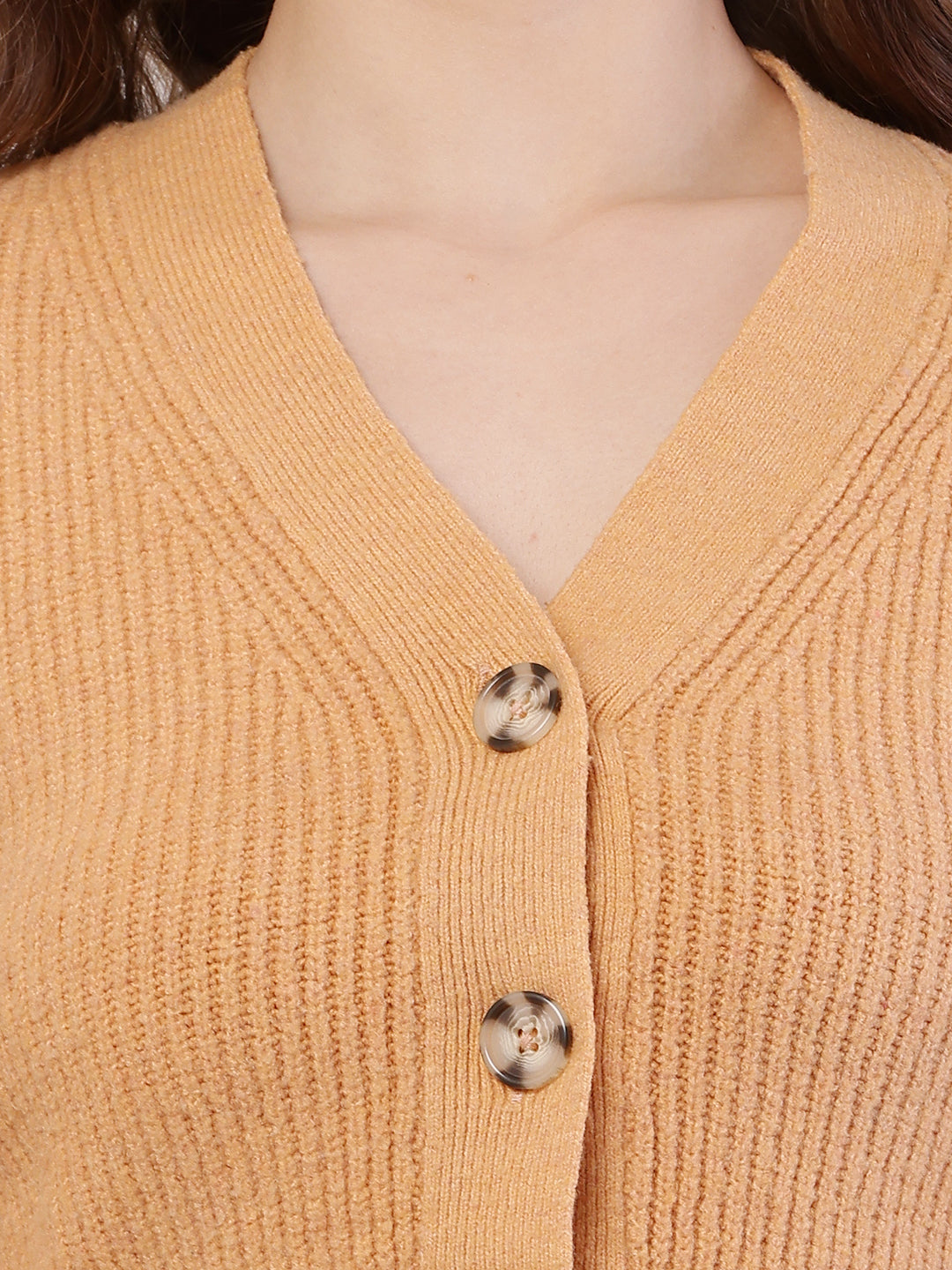 Polyester Full Sleeve with V-Neck Ribbed Crop Mustard Cardigan