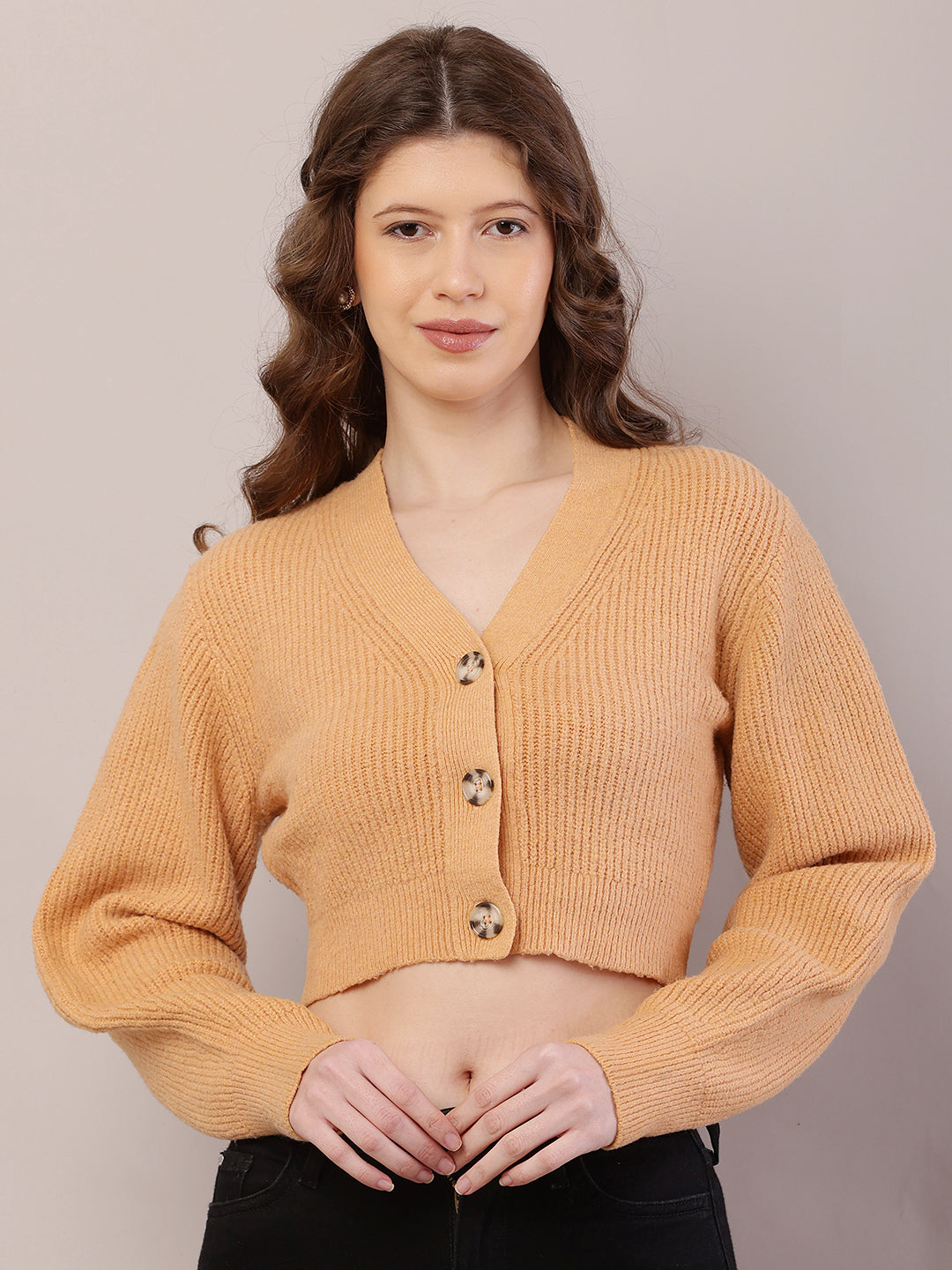 Polyester Full Sleeve with V-Neck Ribbed Crop Mustard Cardigan